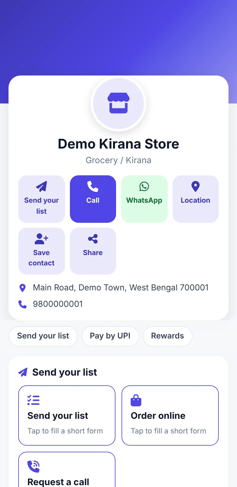 A shop's public mini website on a phone