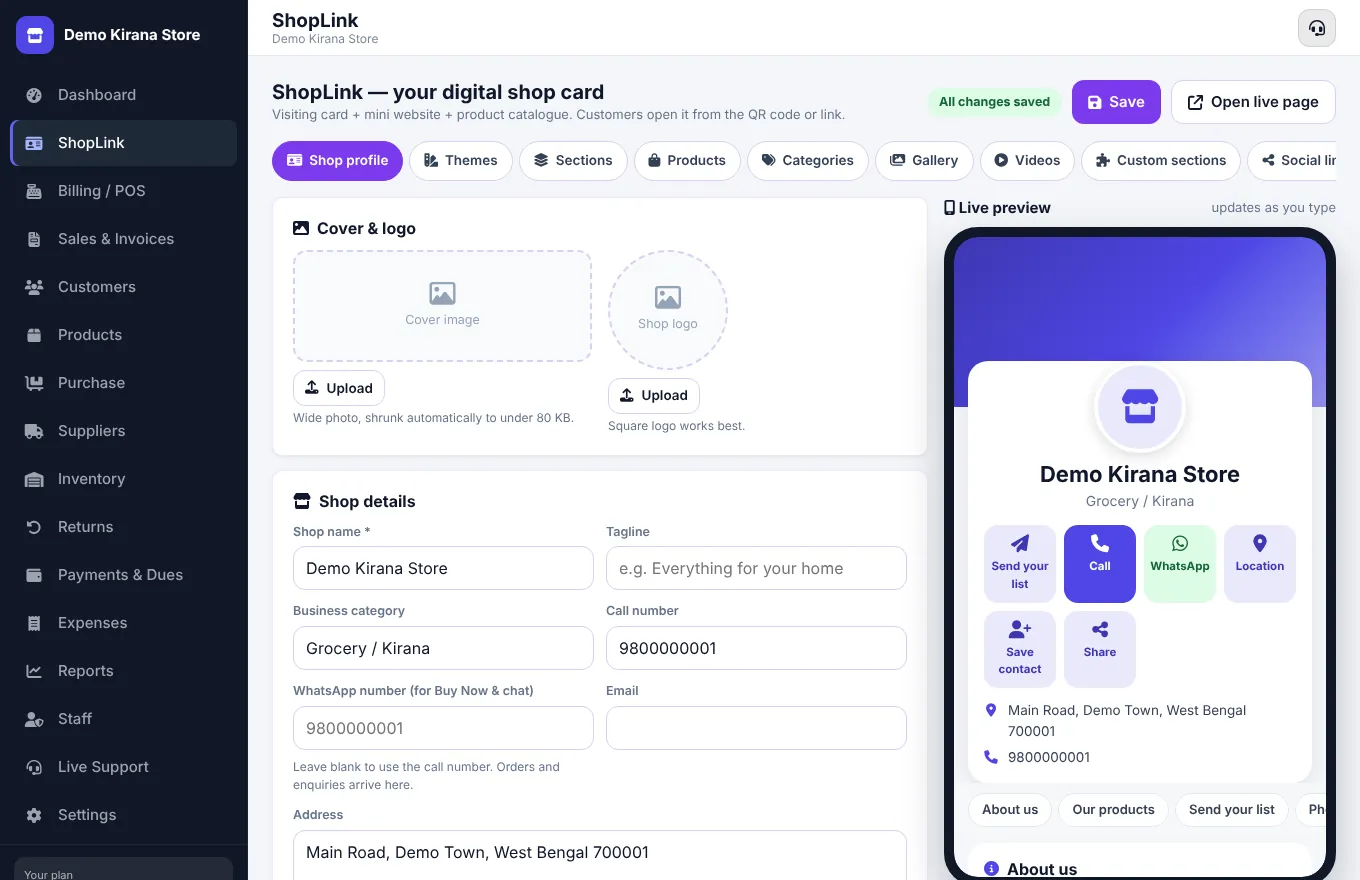 ShopLink editor with live phone preview